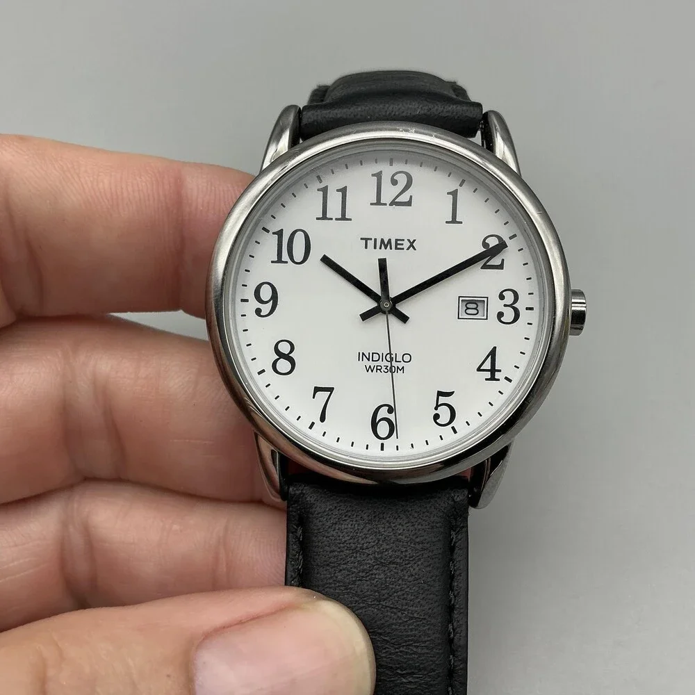 Timex Indiglo Easy Reader Mens Watch 38mm Black Leather Date New Battery